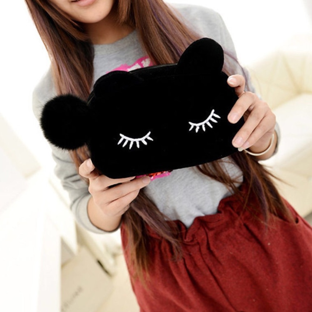 Black Velvet Kitty Cat Cosmetic Travel Bag - Picture 2 of 6
